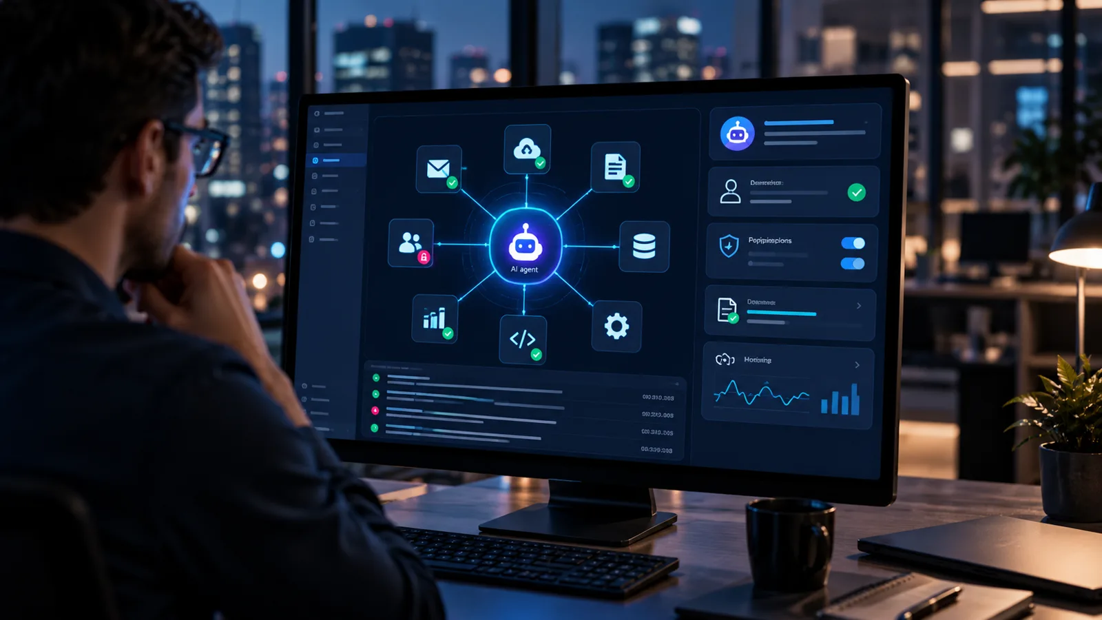 IT specialist reviewing an AI agent security dashboard at night, with the agent connected to cloud, database, code and permission controls