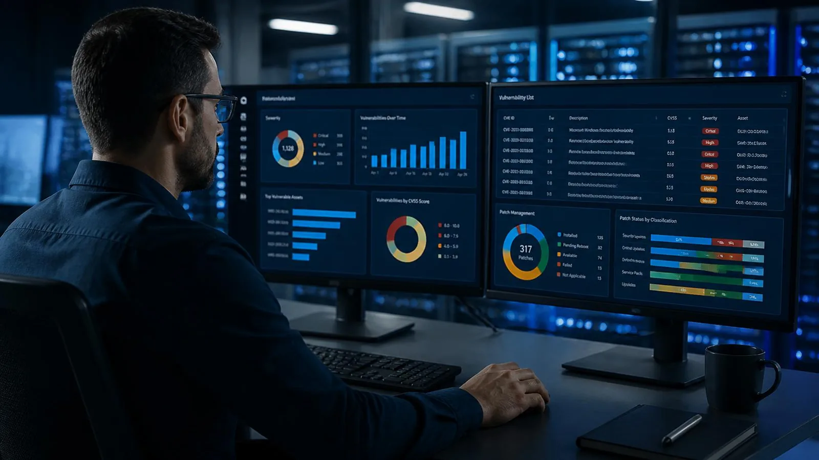 IT administrator reviewing vulnerability and patch management risks in a business network