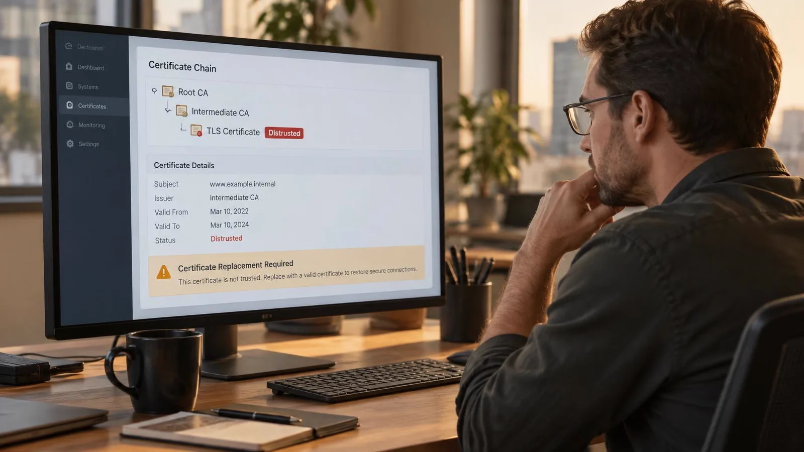 IT administrator reviewing TLS certificate chains and PKI trust after a certificate authority security incident