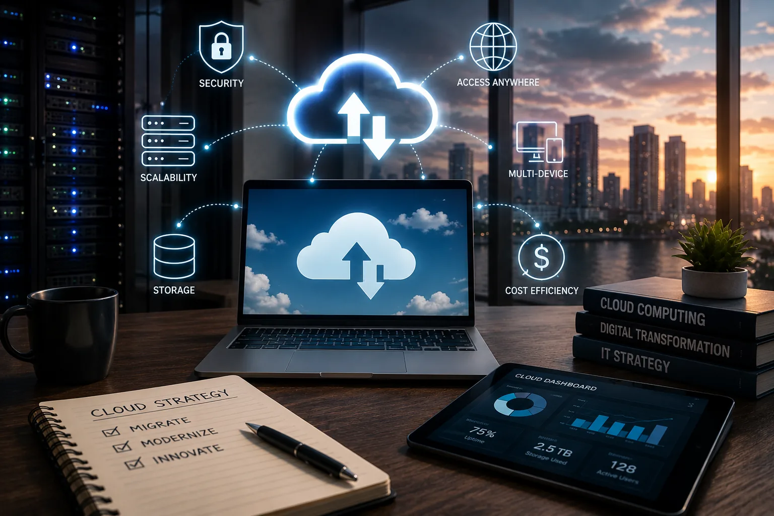 Modern workspace with cybersecurity shield, remote work devices, and AI analytics dashboard representing the 2020s technology era