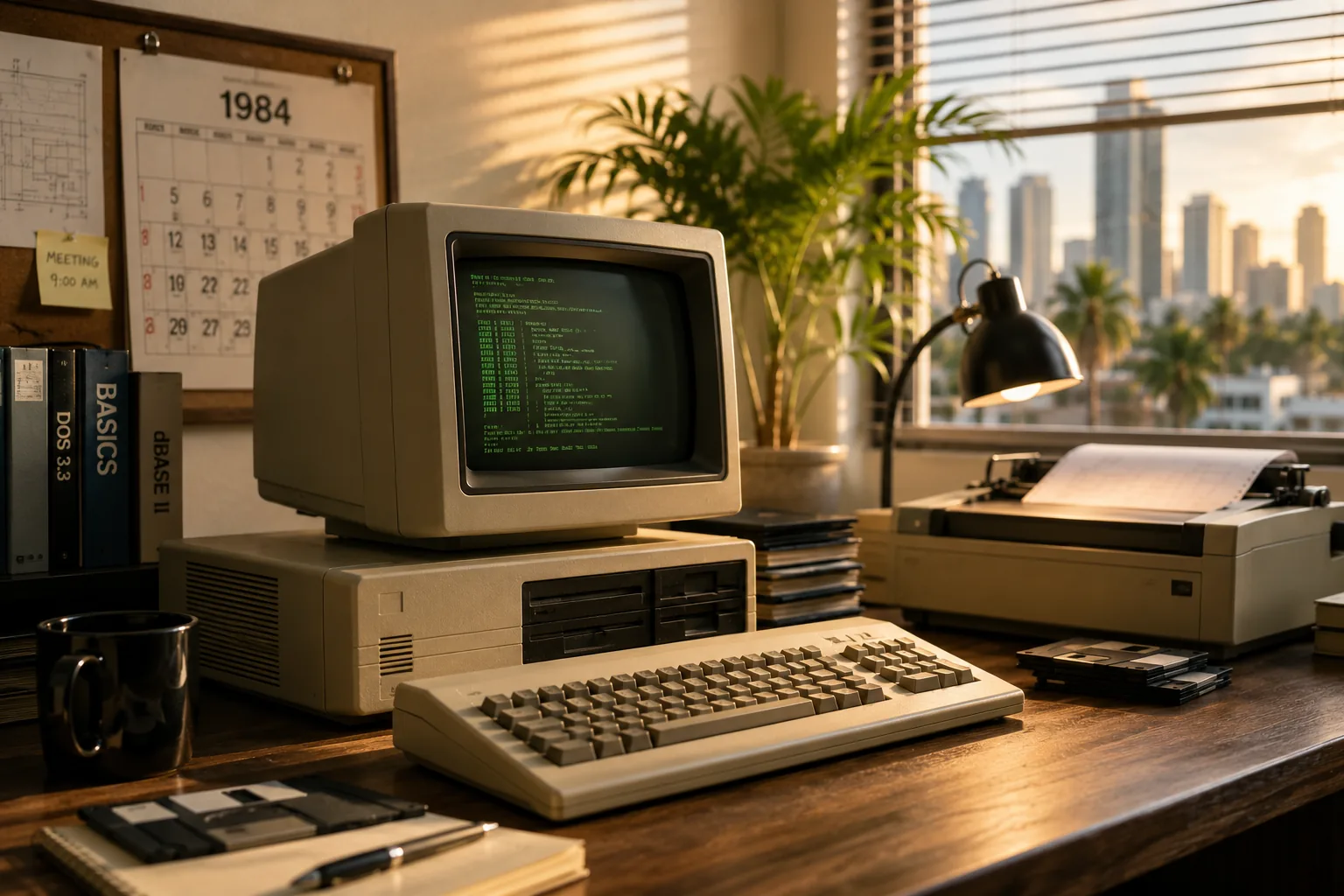 Retro IBM PC and 1990s office technology setup representing early business networking and the arrival of the internet