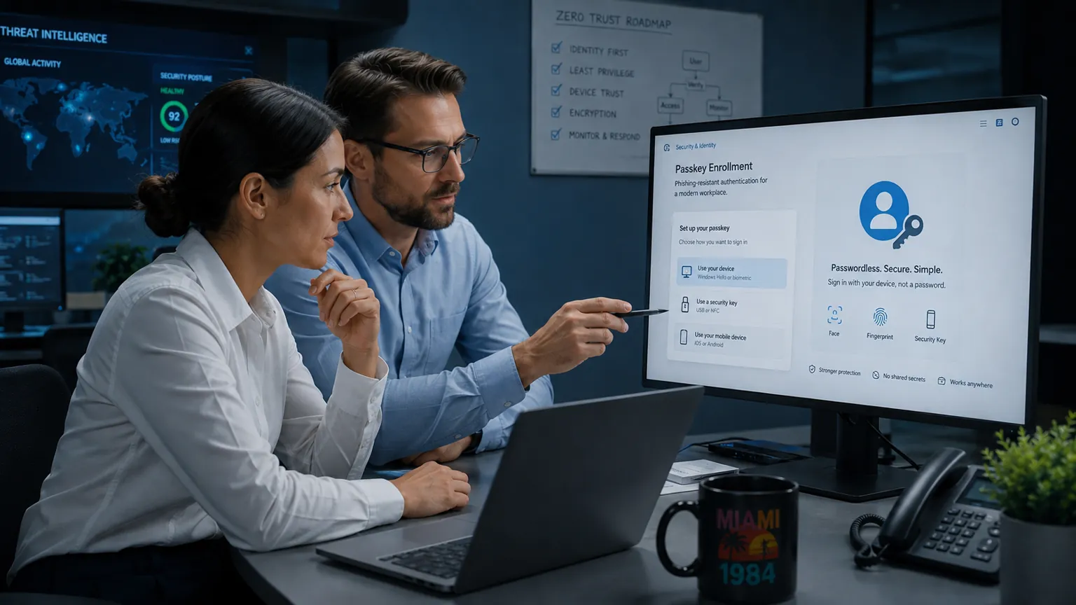 IT consultants reviewing a Microsoft Entra passkey enrollment screen in a security operations office