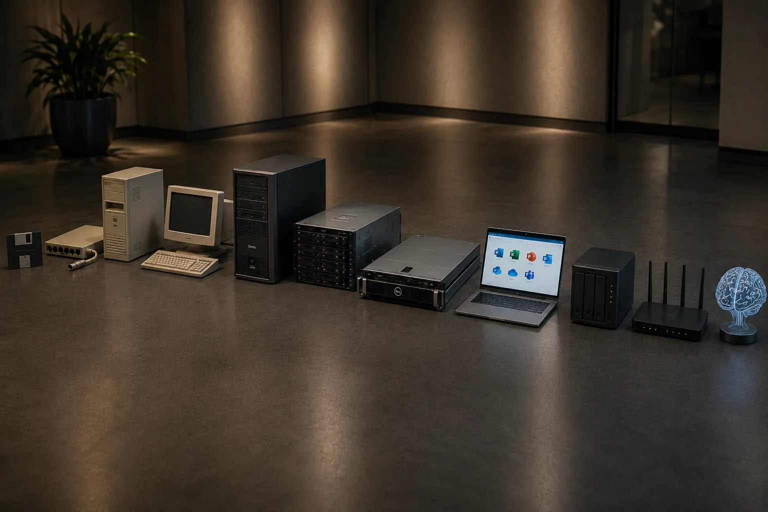 Lineup of business IT hardware from a floppy disk and 1990s desktop to modern servers, NAS, laptop, router and AI — showing the full stack South Florida companies rely on CompuAce to support