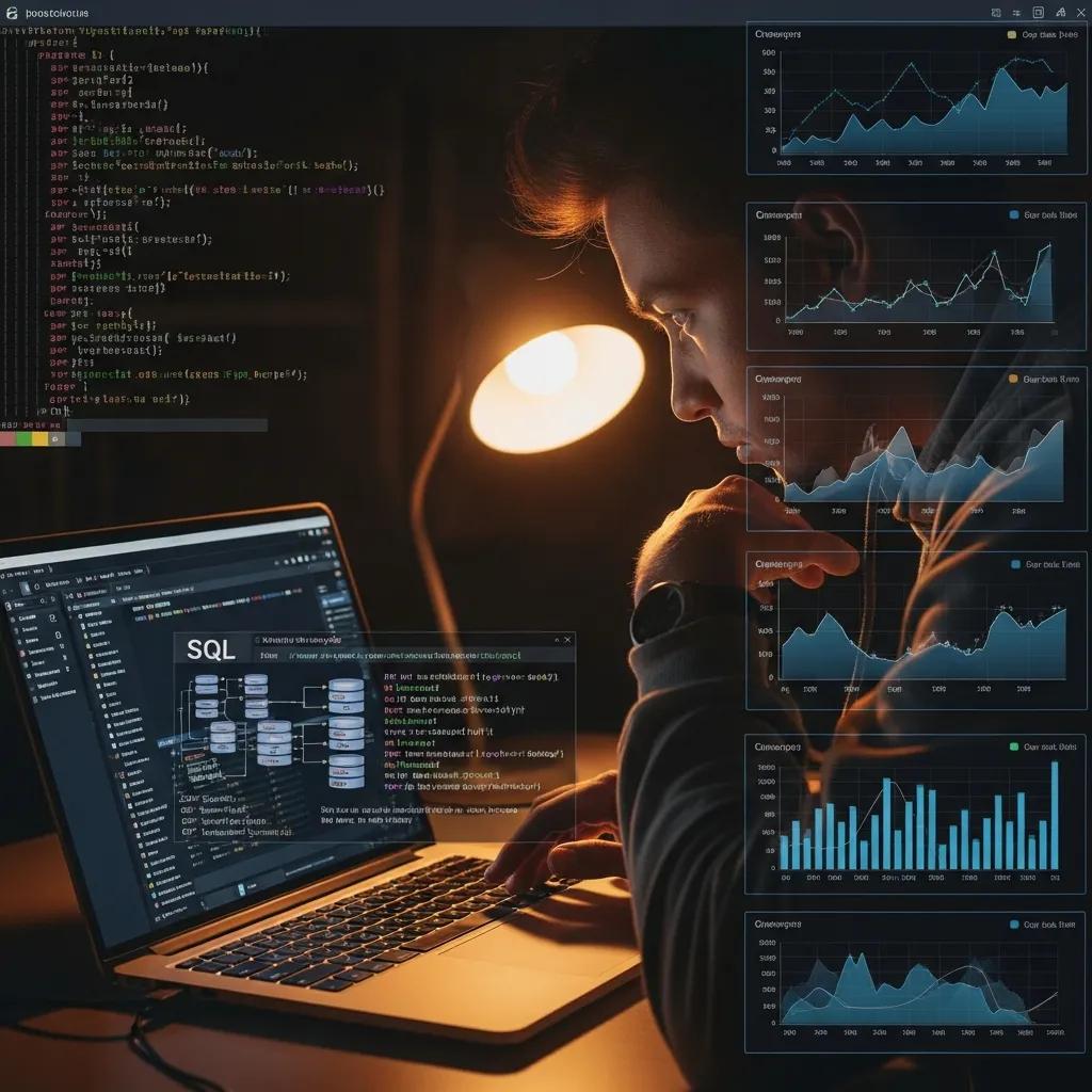 Developer analyzing SQL queries on a laptop in a productive workspace