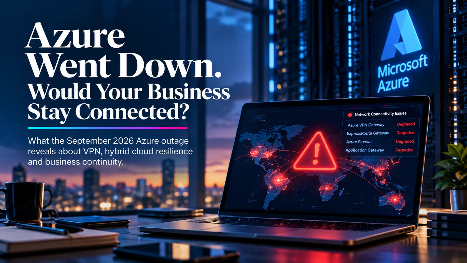 Laptop showing a network connectivity dashboard with degraded Azure VPN, ExpressRoute and gateway services during the September 2026 Azure outage