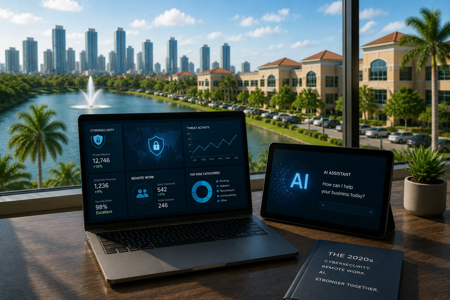 Modern South Florida business workspace with cybersecurity dashboard, remote collaboration tools, and AI analytics representing technologies CompuAce has helped businesses navigate