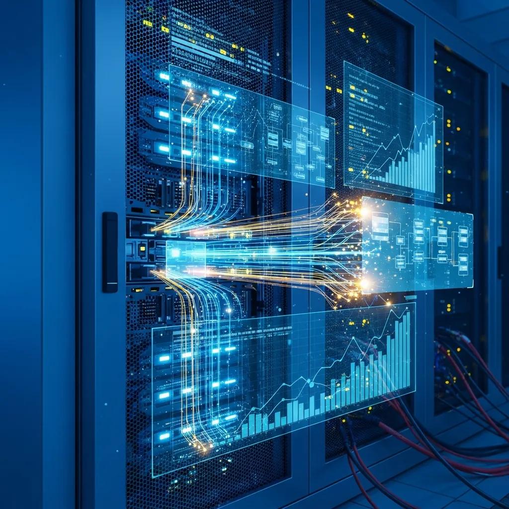 Close-up of a database server illustrating data flow and indexing efficiency