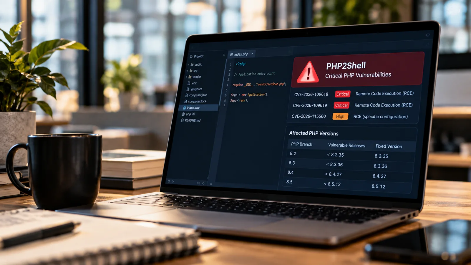 Developer laptop showing PHP code next to a PHP2Shell advisory listing CVE-2026-109618, CVE-2026-109619 and CVE-2026-115560 with the fixed PHP 8.2 to 8.5 versions