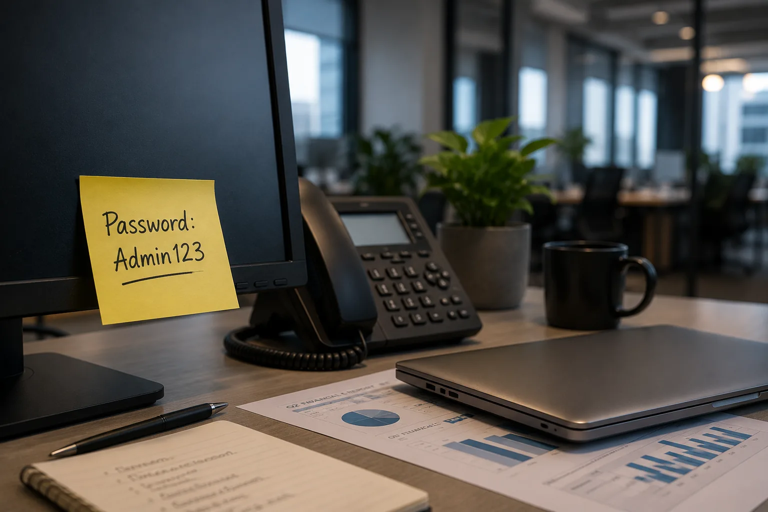 Sticky note with weak password "Admin123" on a computer monitor in an office, illustrating poor backup and security practices