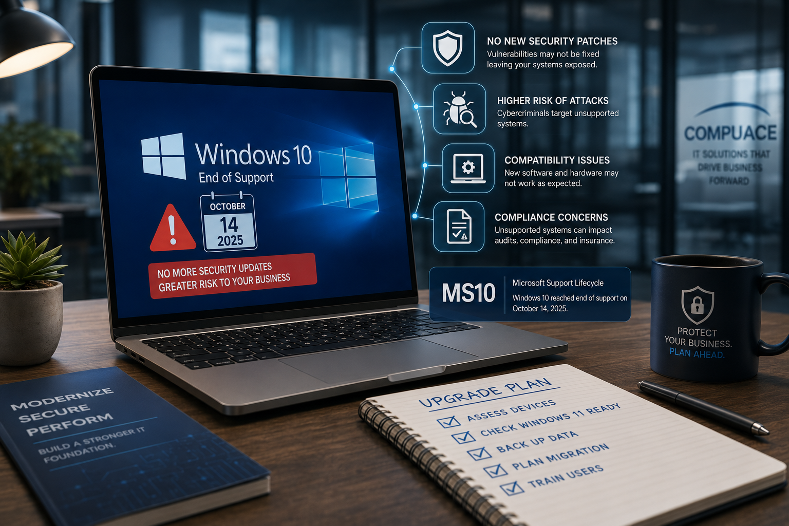Windows 10 end of support October 14 2025: security patches, attack risk, compatibility, and compliance concerns for businesses