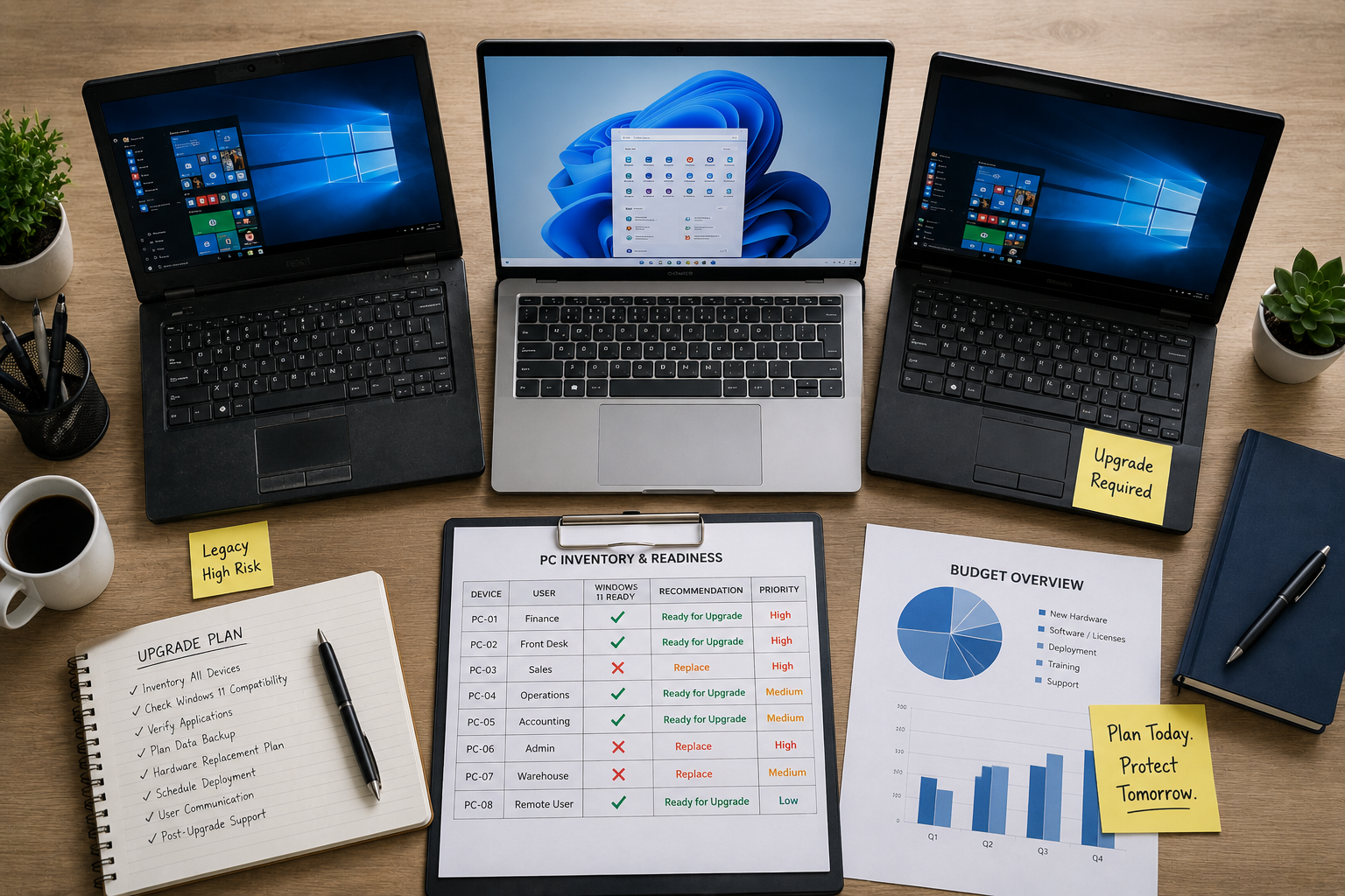 Windows 10 to Windows 11 business upgrade plan with PC inventory, readiness assessment, and budget overview